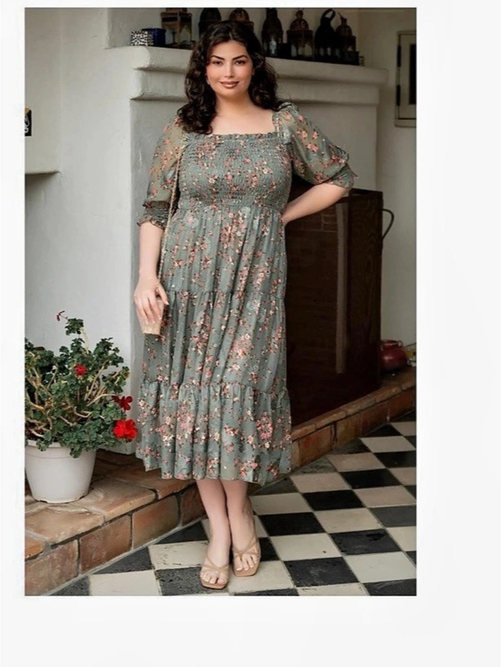 NWT Fabian Jacquard  Floral Midi Dress in Green & Pink Size 2XL